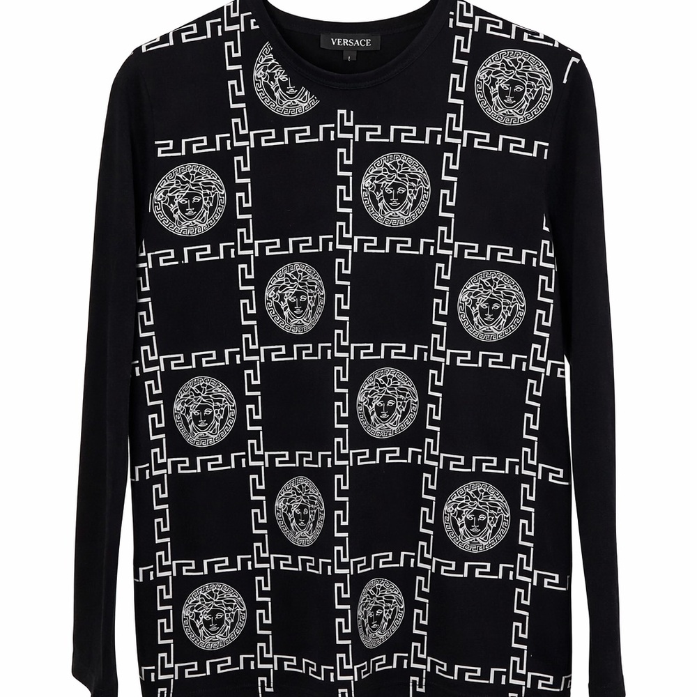 Versace Men’s Black Medusa Greek Key Long Sleeve Shirt Size L Made in Italy